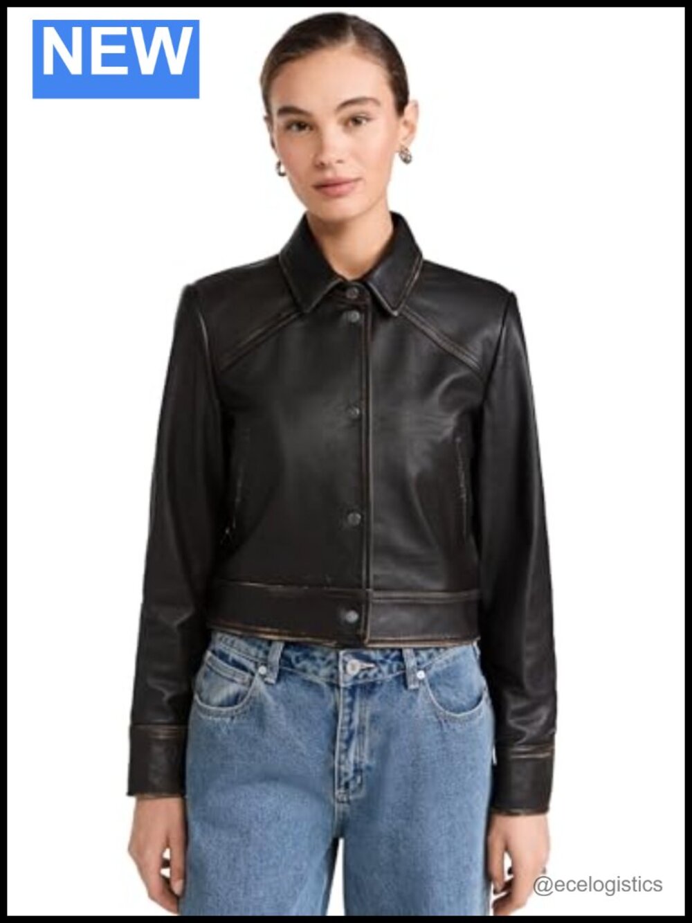 Genuine Cowhide Leather Moto Jacket Snap Placket Long Sleeve Designer
